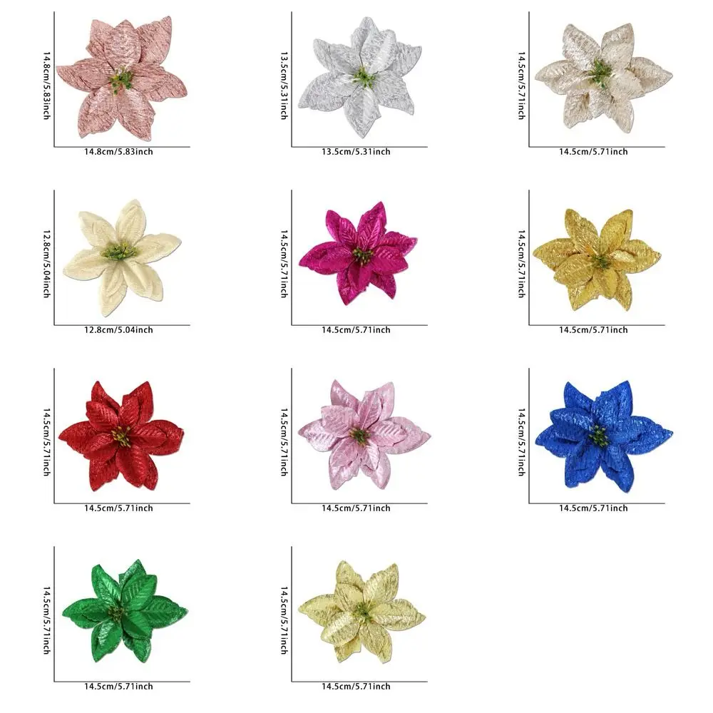 15cm Christmas Glitter Poinsettia Flower Large Sequins Artificial Christmas Flower Realistic Flocking Simulated Flower Head