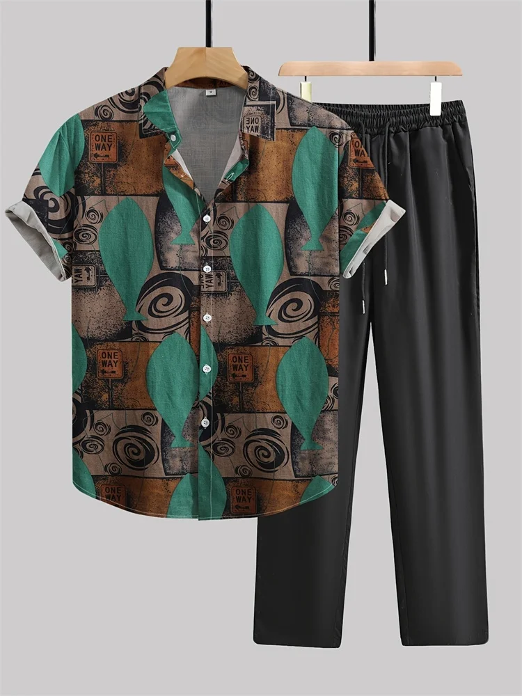 

Retro Art Print Short-sleeved Shirt Set, Daily Casual Autumn Warm Men's Shirt And Long Pants Set, Casual And Fashionable