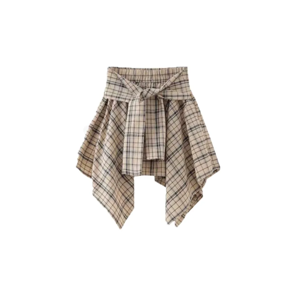 

Sweet Irregular Plaid Shirts Skirt A-line High Waist Fake Two-piece Skirts Lace-up Streetwear Plaid Shorts Skirt Summer