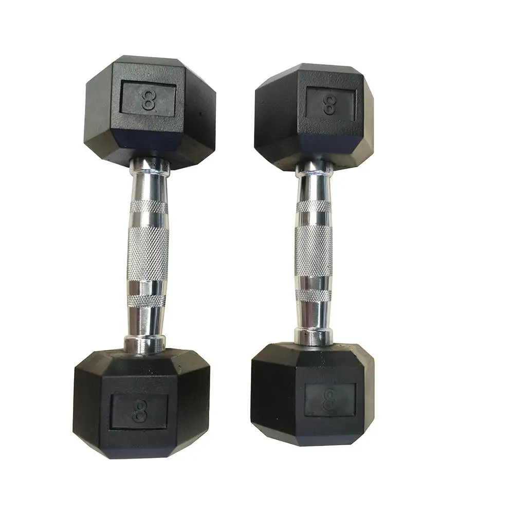 8LB Rubber Coated Solid Cast Iron Dumbbells Set - 2 Pieces with Chrome Handle, Hexagon Design for Comfort