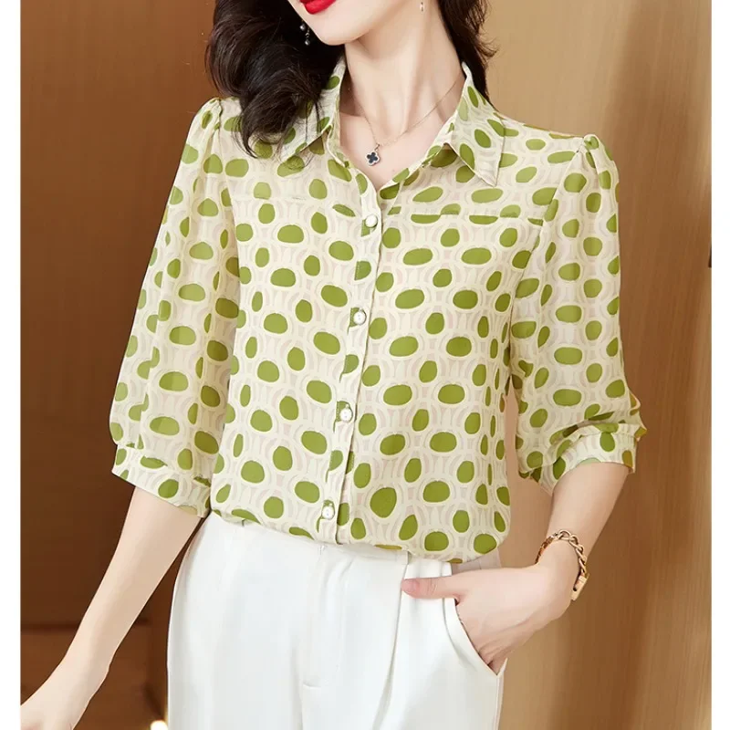 

2024 Women's Summer Splicing Turndown Collar Button Print Puff Sleeve Fashion Versatile Office Lady Loose Silk Shirt Tops LJ91