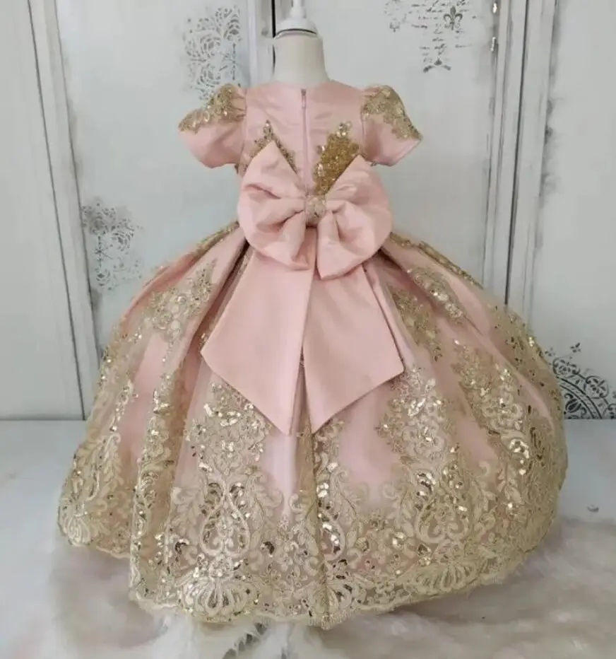 

Fluffy Flower Girl Dresses Gold Appliques Pink Satin Baby Girl Dress For Christmas Kids Birthday Party Gown Big Ribbon