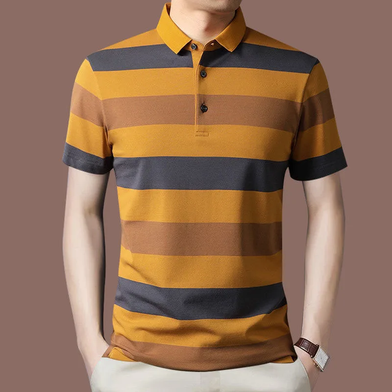 Fashion Men Summer New Striped Polo Shirts Short Sleeve Button Knit Lapel Pullover Business Casual Men\'s Loose Clothing Top 2022