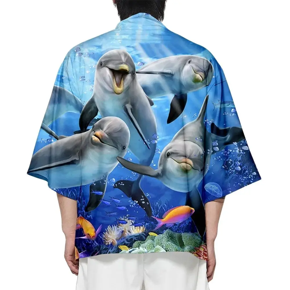 

Summer Samurai Kimono Fashion Men Cosplay Cute Dolphin Print Haori Streetwear Kimono Japanese Yukata Stylish Cardigan Robe