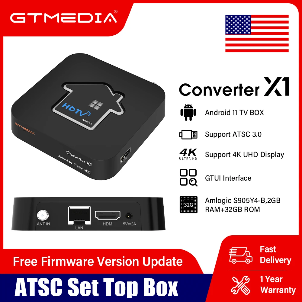 GTMEDIA HDTV Converter X1 ATSC3.0 4K HDR Android 11 กล่องทีวี ATSC สมาร์ทถอดรหัส Amlogic S905Y4-B 2GB + 32GB,8. Wifi ในตัว, BT 5.0
