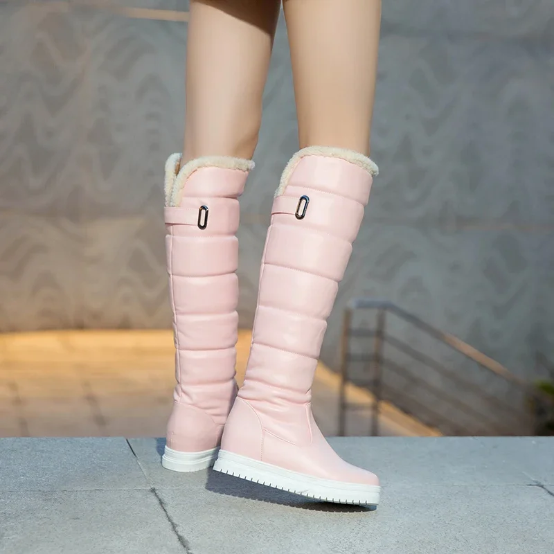 Winter Women Knee-high Fur Snow Boots White Pink Lady Buckle Round Toe Height Increased Flat Platform Heel Waterproof Long Boots