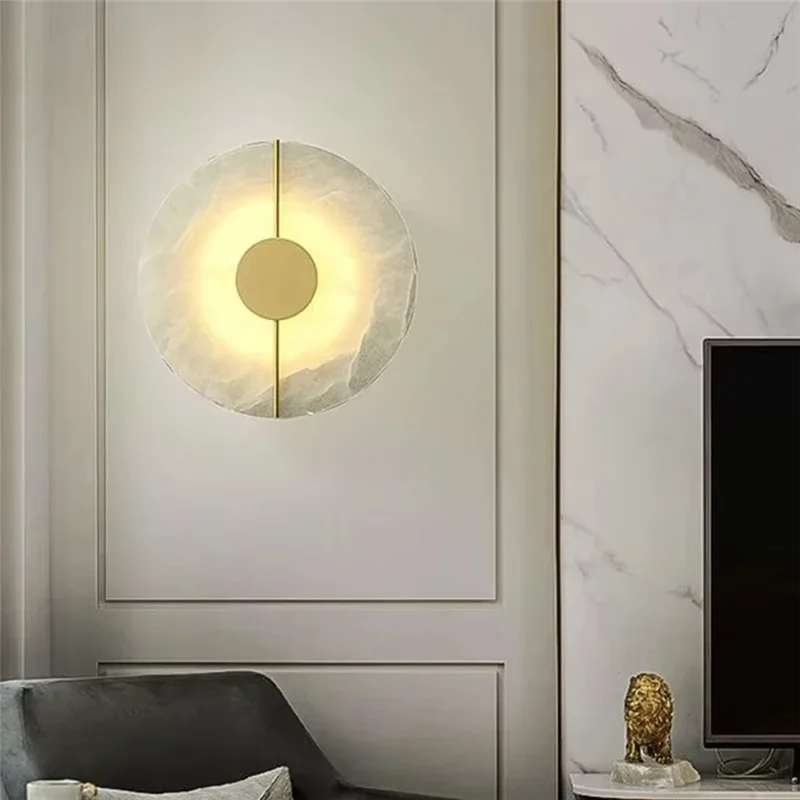 

【Today-Only!】Modern LED Wall Lamp Indoor Decoration Gold Copper Alabaster Moon Bedroom Living Room Sconce Marble Wall Light Home