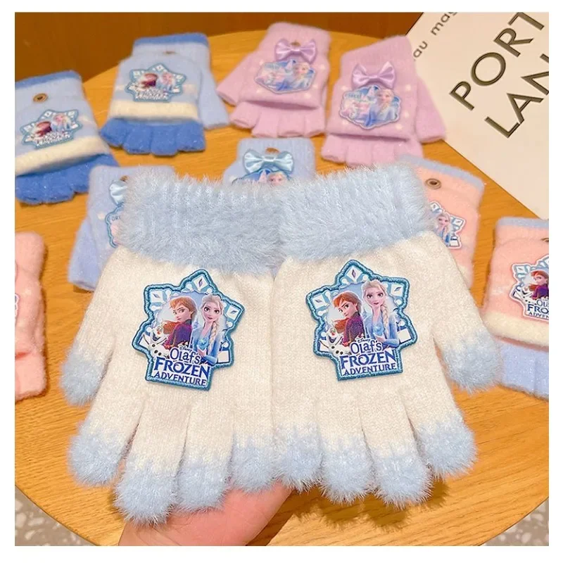 Frozen Elsa Cartoon Cute Embroidery Print Creative Half Finger Flip Girls Winter Warm Windproof Gloves Children's Holiday Gift