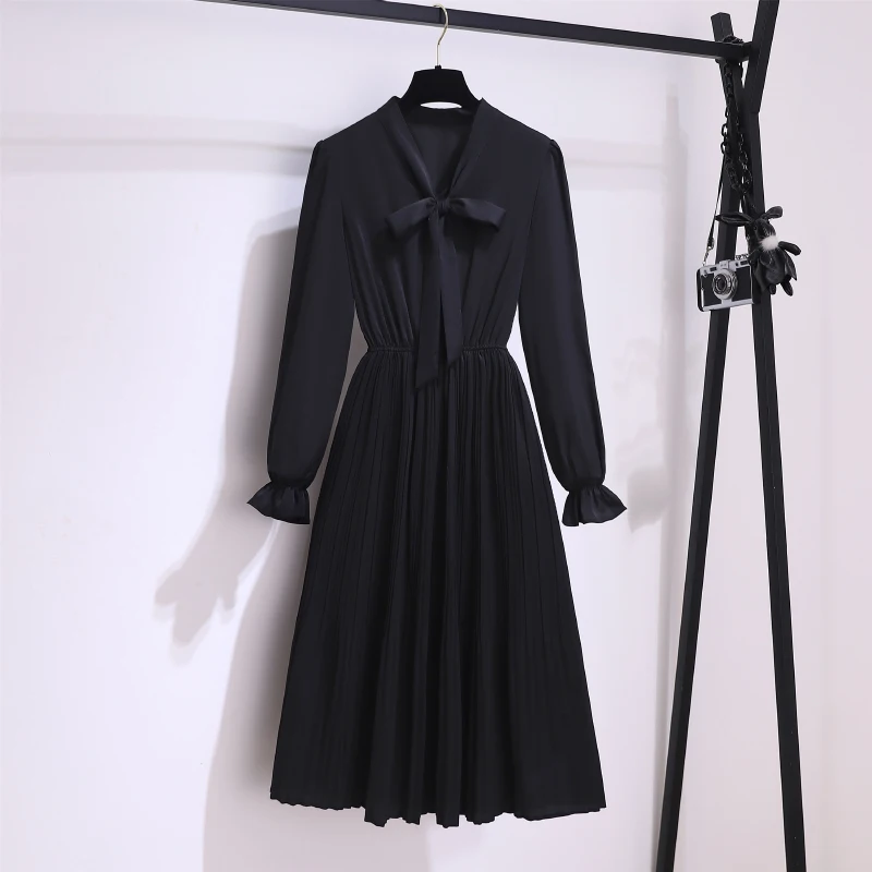 2024 Autumn New V-Neck Bow Horn Sleeve Chiffon Dress For Women Niche Temperament Simplicity Mid Length Casual Pleated Skirt