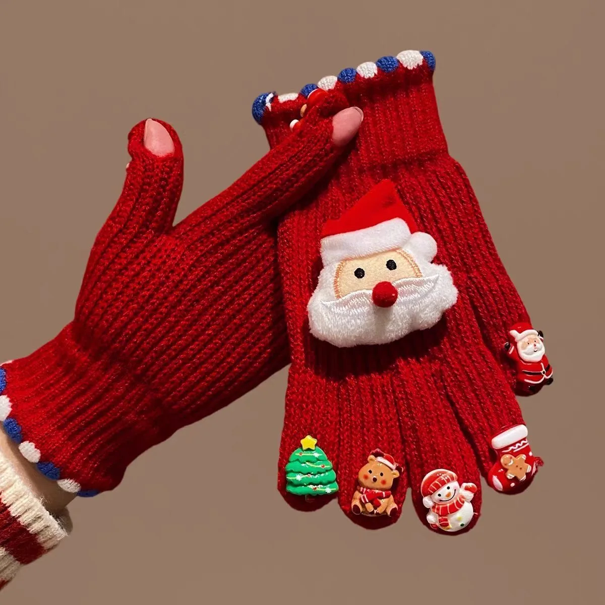 Cute Christmas Plush Knitted Five-Finger Gloves for Women, Winter Warm Fleece Lined Thick Cold-Proof Cycling Gloves