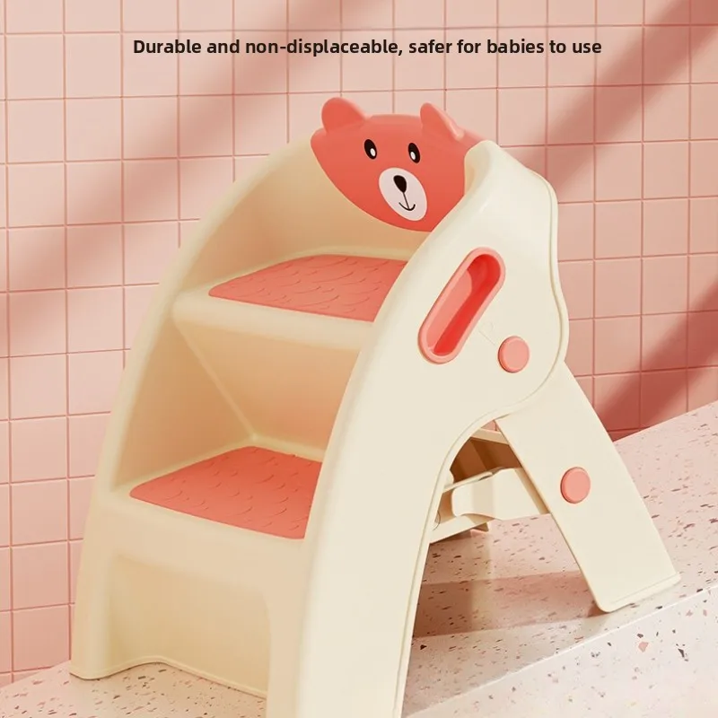 مقعد حمام للأطفال قابل للطي مع مسند قدم مضاد للانزلاق لفرشاة أسنان حوض الغسيل وسلم آمن قوي لغسل الوجه