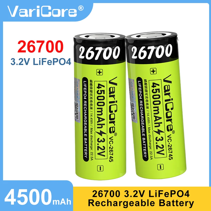 

VariCore 26700 3.2V Lithium Iron Phosphate Rechargeable Battery 4500mAh Continuous 22.5A Discharge for Flashlight Power Devices