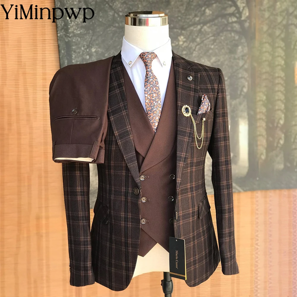 

Brown Pinstripe Vintage Men's Suit 3Pcs Set Office Peak Lapel Formal Business Bespoke Wedding Groom Sets Jacket+vVest+Pants