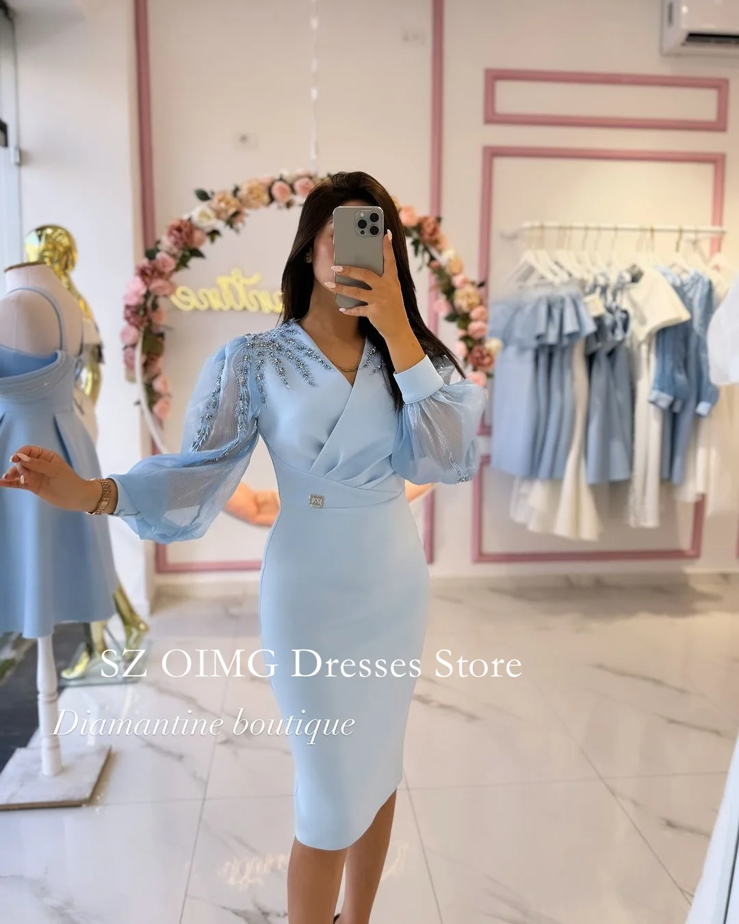 OIMG 2024 New Summer Women\'s Maxi Sky Blue Crepe Satin Prom Dress Customized Fashion Celebrity V-Neck Short Party Dress