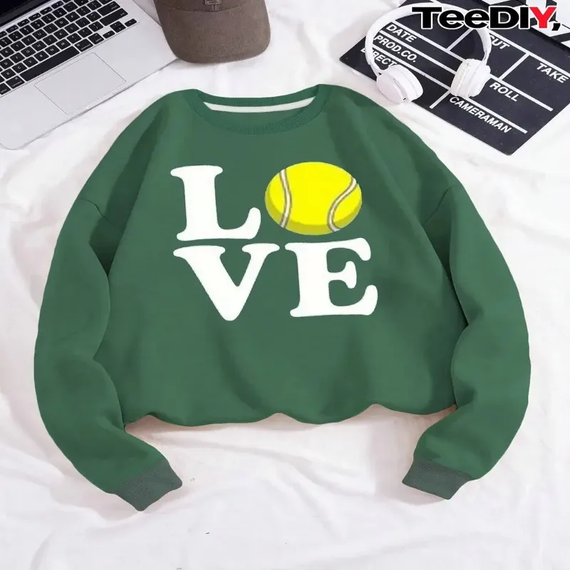 

Fall Winter Female Women Plus Size Casual Sweatshirt Love Yellow Tennis Ball Long Sleeve Crew Neck Trendly Y2k Clothes
