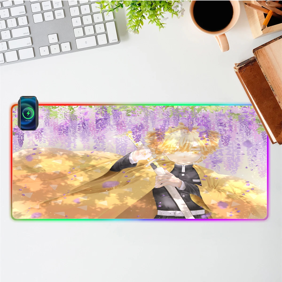 Wireless Charging RGB Mouse Pads Large LED Gaming Mousepad Demon Slayer Agatsuma Zenitsu Computer Keyboard Pad Laptop Mat Office