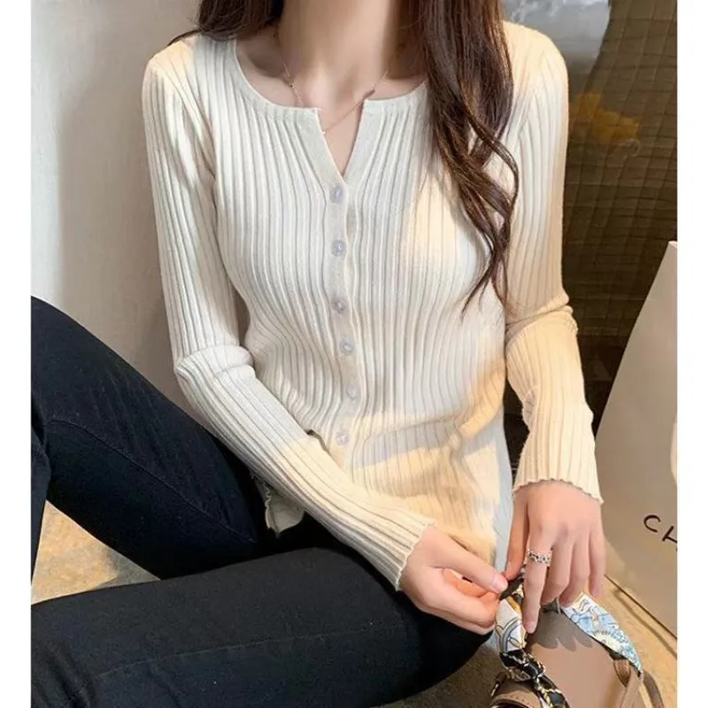 All-match Autumn Winter Women Slim-fit Ribbed Stretch Solid Color Knitted Cardigan Short Base Layer Tops