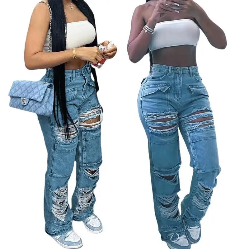 New Casual Denim Trousers Ripped Denim Overalls Women