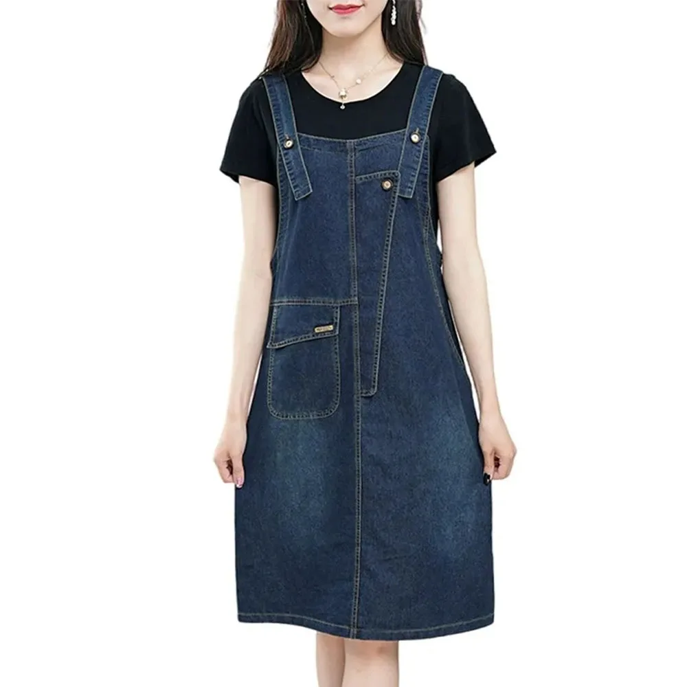 デニムストラップドレス女性 4XL 大きいサイズ新しい夏の韓国スタイルノースリーブジーンズドレスミディオーバーオールドレスカジュアルサンドレス