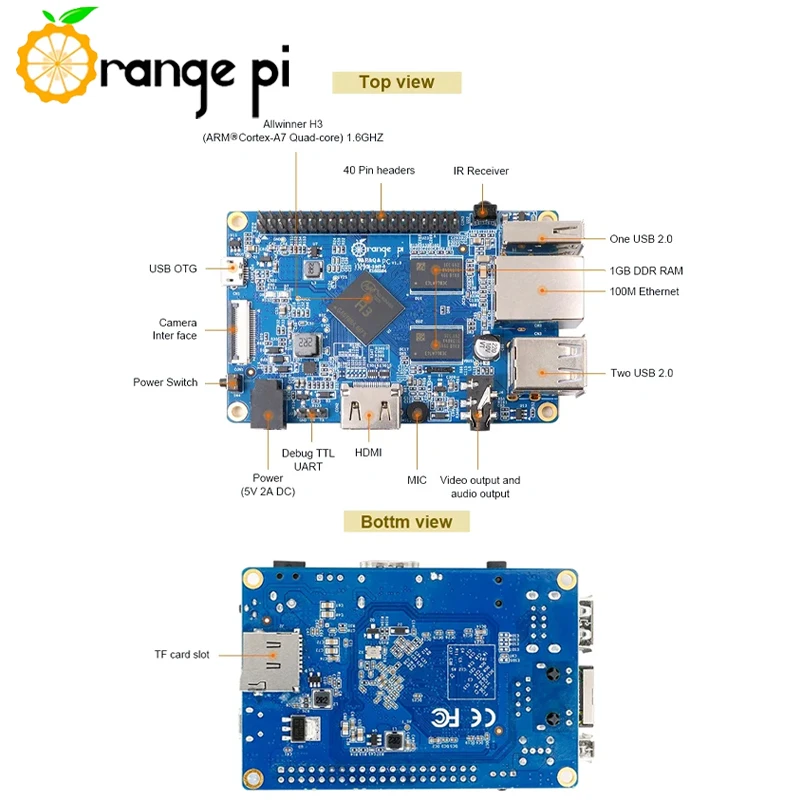 Orange Pi PC H3 1GB Quad-Core, zwart/witte behuizing, 5V3A Type-C EU/US-voeding, 2MP camera Optionele ondersteuning Android, Ubuntu, Debian