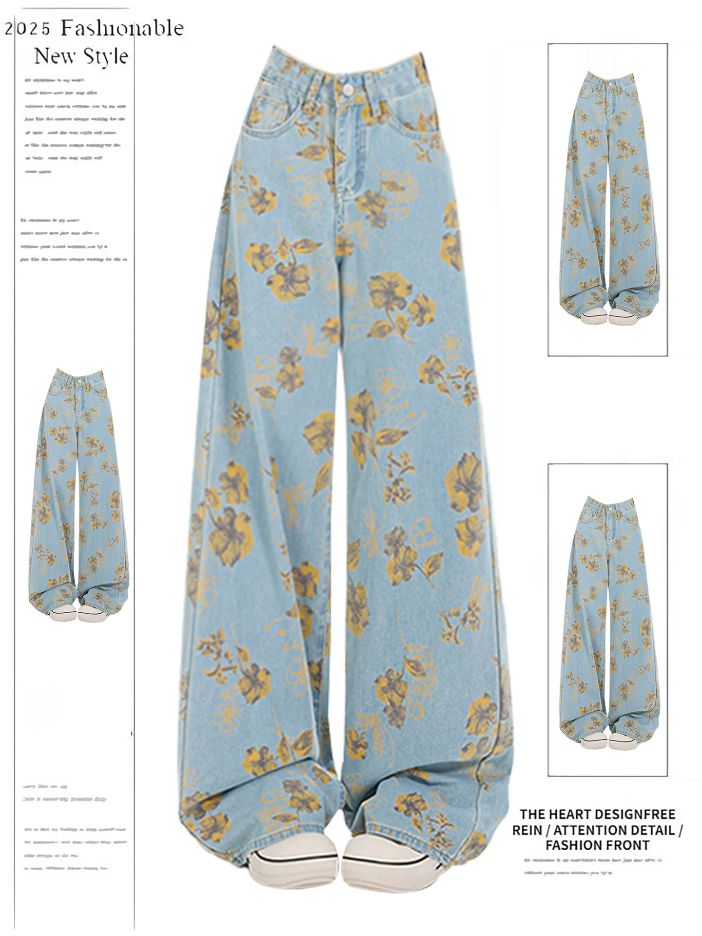 المرأة الأزرق فضفاض Y2k الجرونج واسعة الجينز Japandi نمط زهرة طباعة جان السراويل خمر Harajuku سراويل جينز الملابس البديلة #1