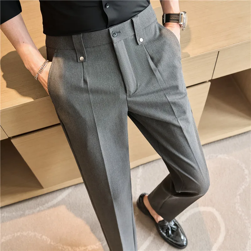 Pantalones de traje de estilo británico para hombre, ropa Formal, informal, ajustada, con cintura elástica, sólida, Primavera, 2024