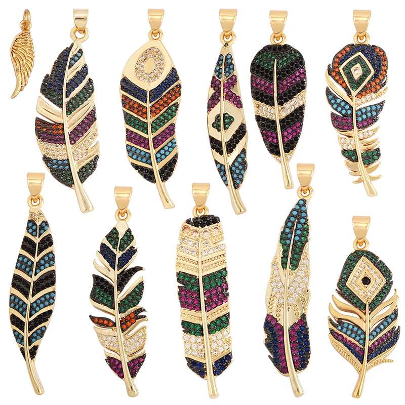 Delicacy Fashion Colorful Cubic Zirconia Feather Charm Pendant,Bohemian Style 18K Gold Necklace Jewelry Findings Supplies M50