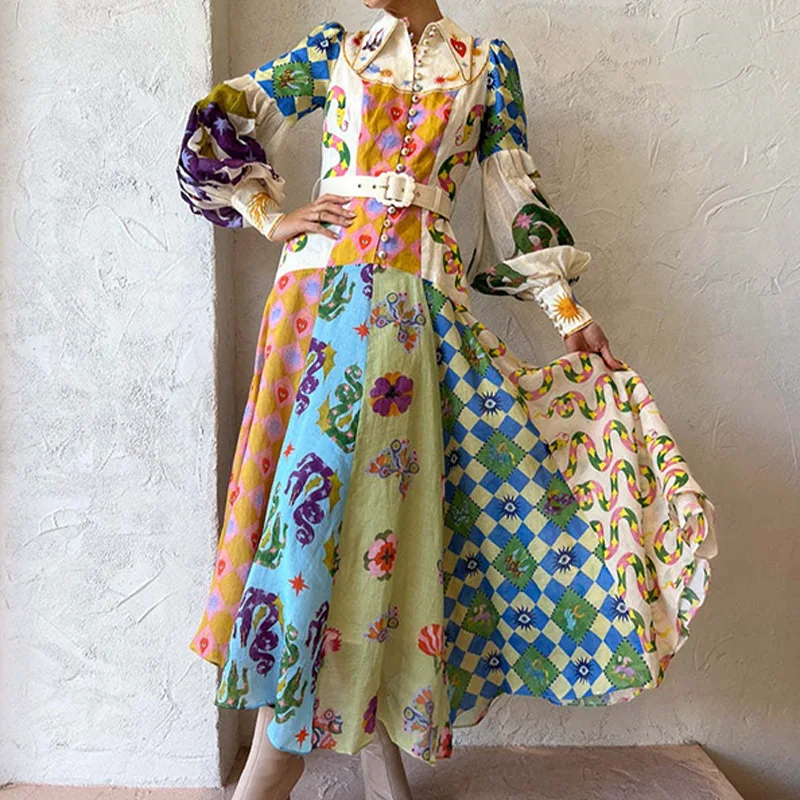 

Long Sleeve Print Graffiti Single Button Waist Cinched Maxi Dress Women's Clothing Shirt Style Belted Dress from Mainland China