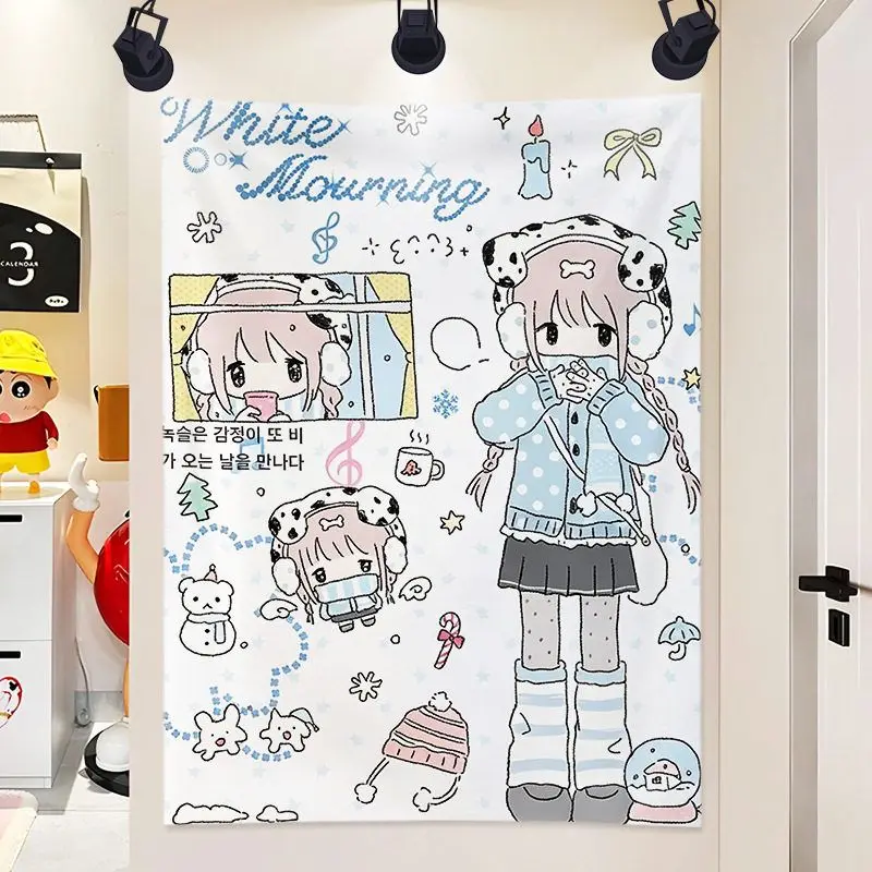 VIKAMA Kawaii Pastel Chibi Girl Tapestry Cute Winter Snow Anime Wall Hanging Soft Aesthetic Manga Poster for Bedroom Dorm