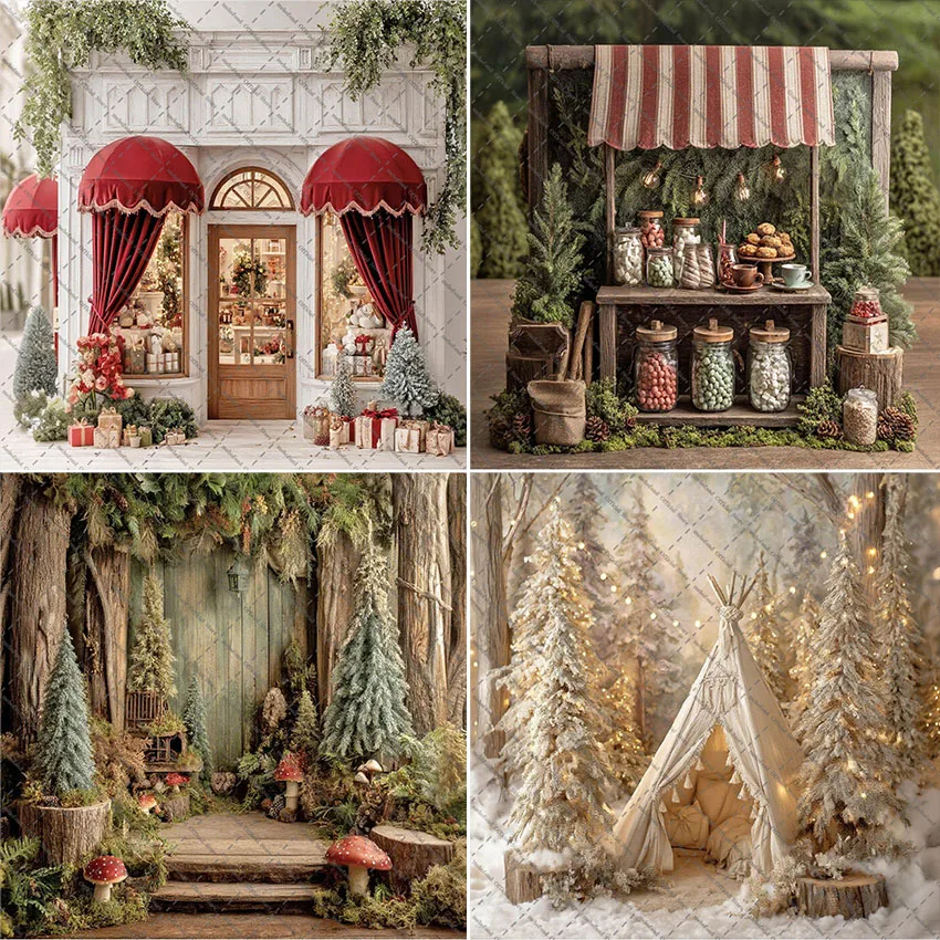 Mehofond Fotografie Hintergrund Winter Weihnachten Wald Heißer Kakao Shop Weihnachtsbaum Kinder Familie Porträt Dekor Hintergrund Foto Studi