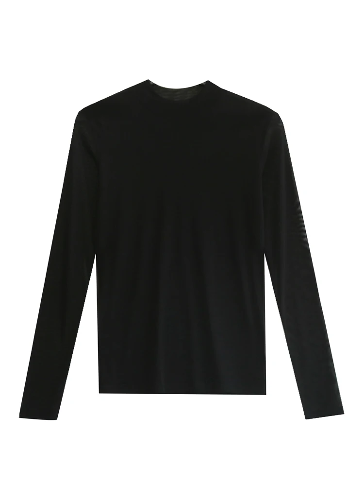 Spring Autumn 2024 New Sexy Half High Neck T shirt Fashion Mesh Bottoming shirt Women Long Sleeve Black Casual Top