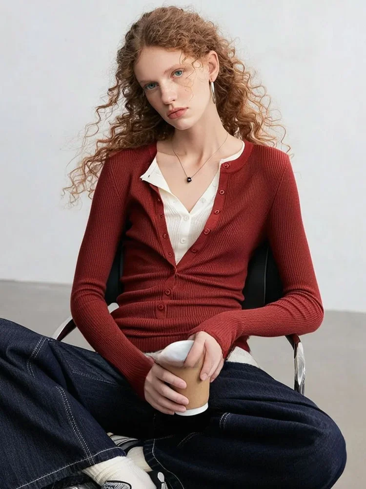 

ZhuoZhi Slim Fit Color Blo Henry Collar T-irt Red Casual Top for Women Breathable Comfortable Long Sve Autumn Winter