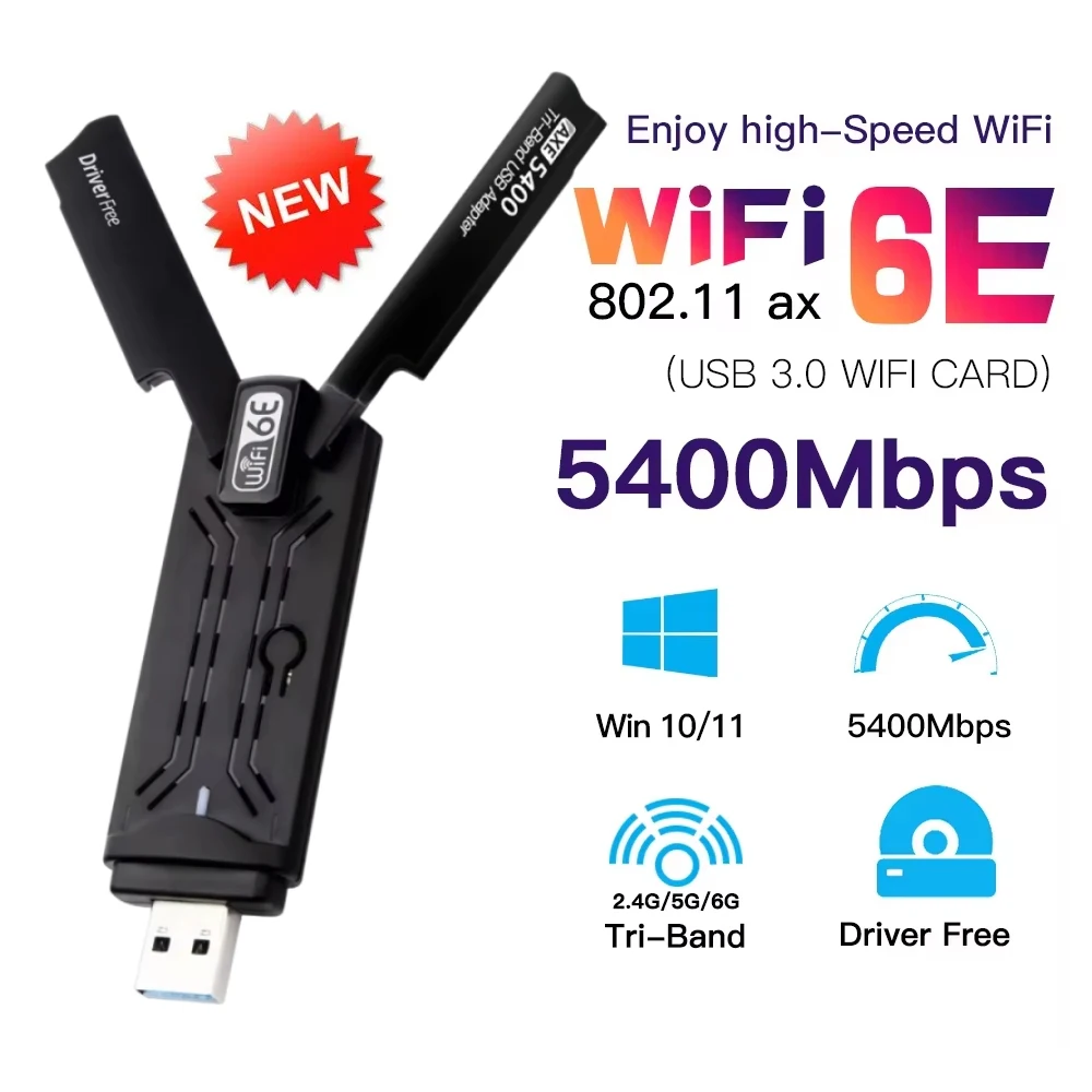 WiFi6E AX5400 USB3.0 Adapter Triple Band Wireless Network Card 802.11AX 6GHz High Gain Antenna For Laptop Win 10/11 Driver Free