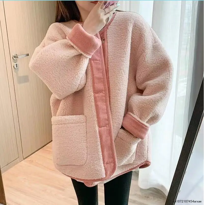 

2023 Autumn and winter leather Coats bag edge color matching thick warm lamb fur fur integrated cotton coat for women