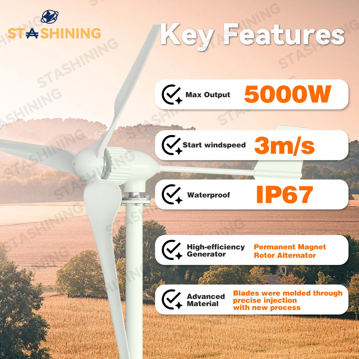 【Higher-Output】Horizontal Wind Turbine Generator 5000W Max Windmill W/ MPPT Hybrid  Charge Solar Wind Off-Grid System,  3 Blades