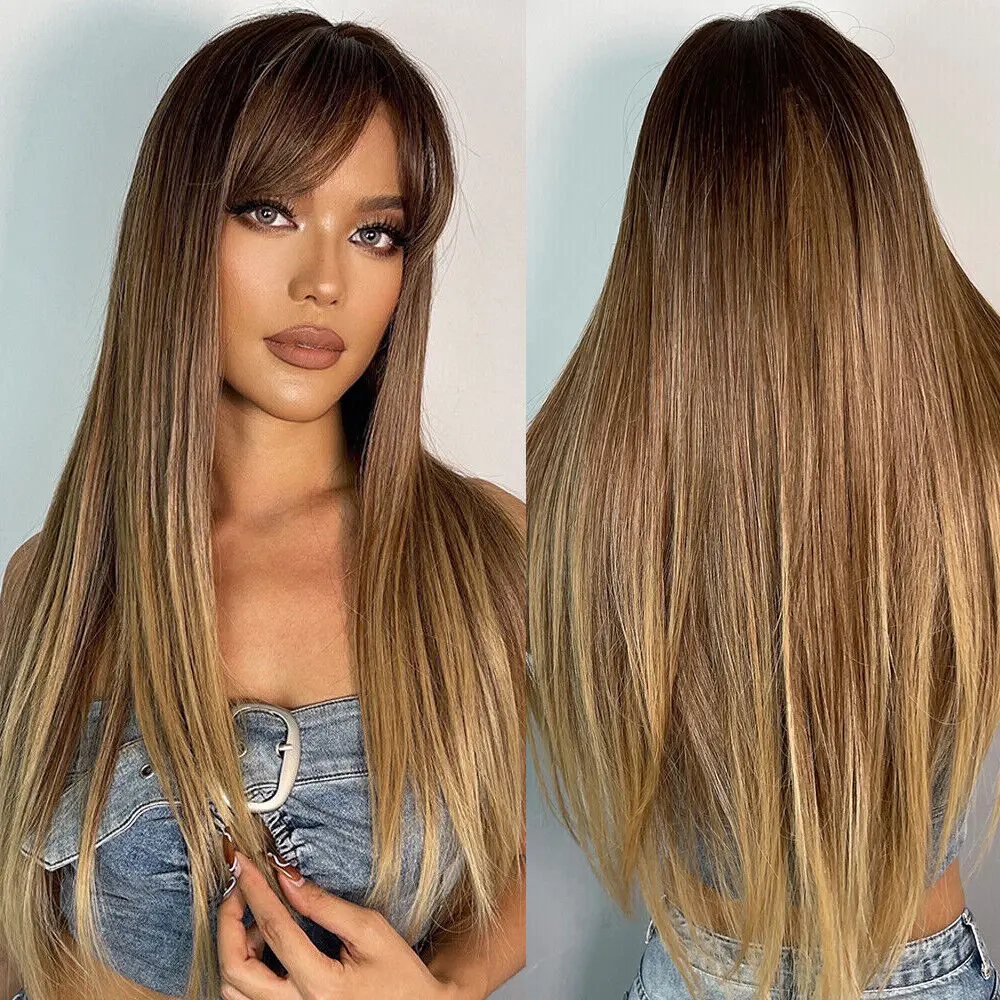 Long Straight Ombre Brown Synthetic Wigs Full Hair Natural Women Fashion Daliy