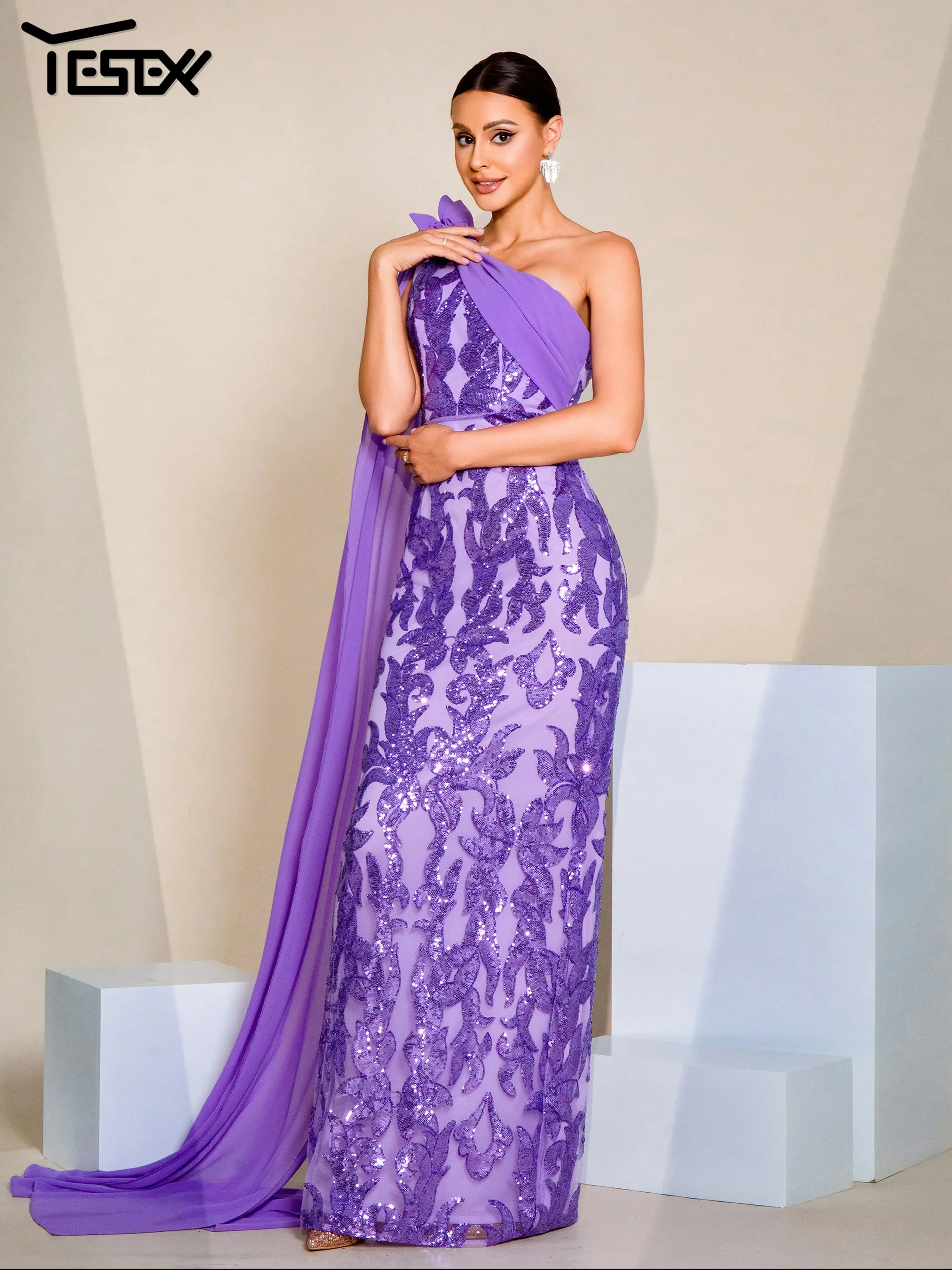 Yesexy New Purple Chic Elegant One Shoulder Sequin Mermaid Draped Evening Gown Wedding Birthday Party Formal Occasion Dresses