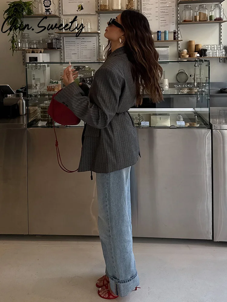 سترة نسائية مخططة غير رسمية معاطف نسائية بأكمام طويلة وياقة مقلوبة وجيب مزيف ملابس خارجية للسيدات لربيع وخريف 2025