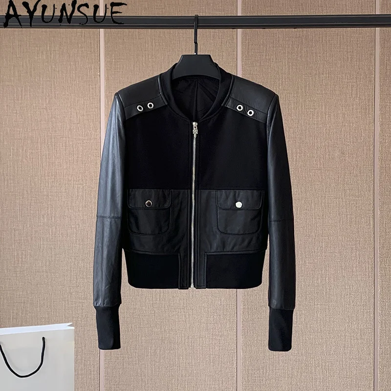 AYUNSUE Vestes en peau de mouton véritable Femme 2025 Automne Mode Patchwork Veste de baseball en cuir Femme Vêtements de haute qualité 가자켓 킹