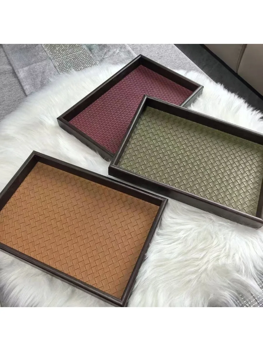 Plateau élégant en simili cuir tissé pour cosmétiques, parfum et aromathérapie, porte-clés et plaque de rangement décorative