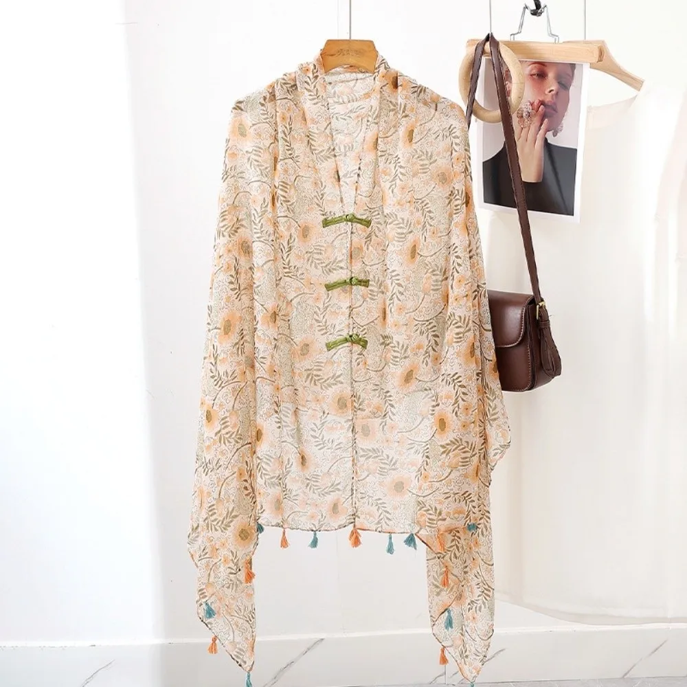 Elegant Knot Button Sunscreen Scarf Shawl Tassels Flower Cardigan Cape Paisley Large National Style Cloak Holiday