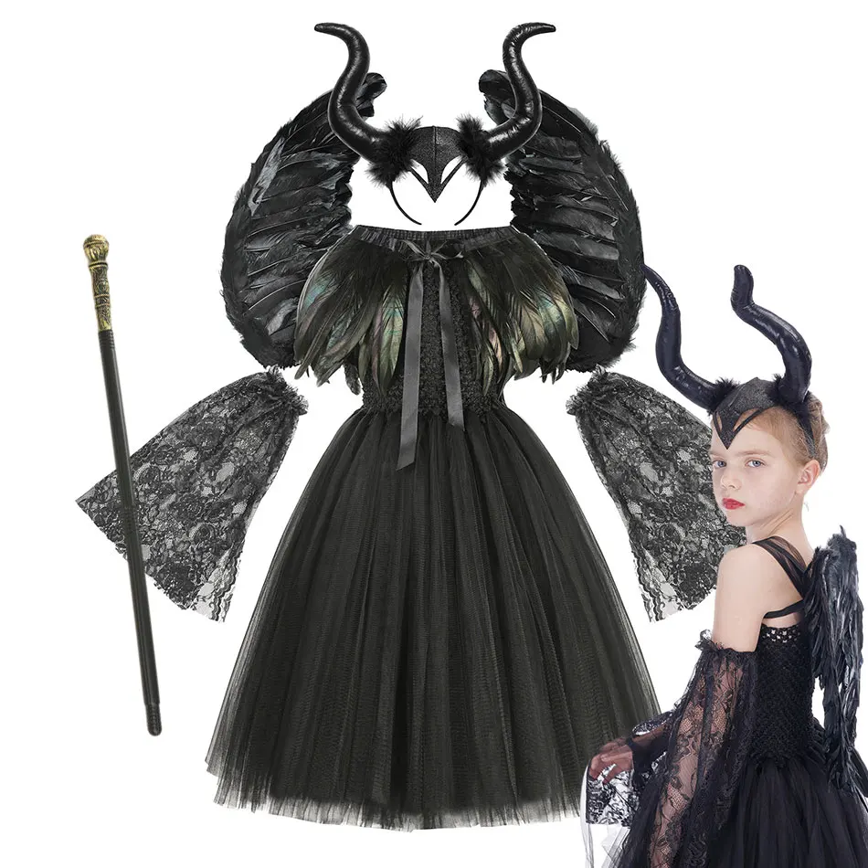 

Halloween Costume Girl Black Dress Disney Maleficent Deluxe Feather Demon Queen Witch Gown Children Carnival Cosplay New Clothes