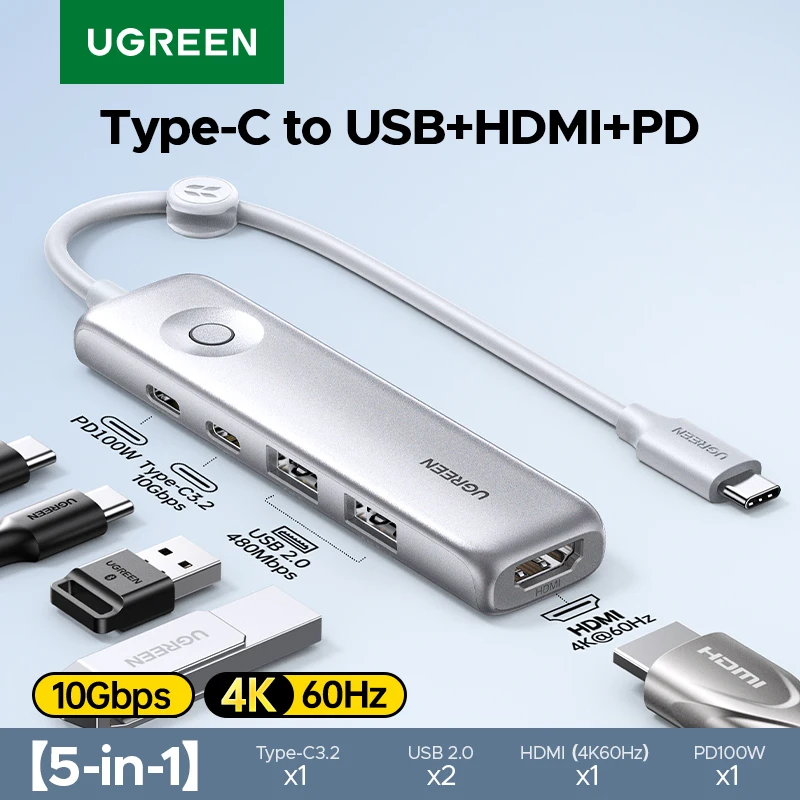 UGREEN 5-in-1 USB-C HUB USB3.2 Gen2 10Gbps Data Transfer Type-C to 4K60Hz HDMI USB2.0 Ports PD100W for Laptop MacBook HP Dell