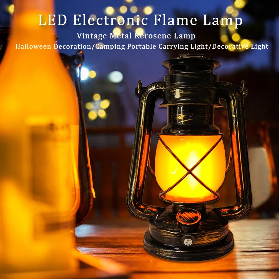 

LED Electronic Flame Lamp Faux Kerosene Lamp Retro Metallic Warm Light Cozy Ambiance Outdoor Party Halloween Party Decoration