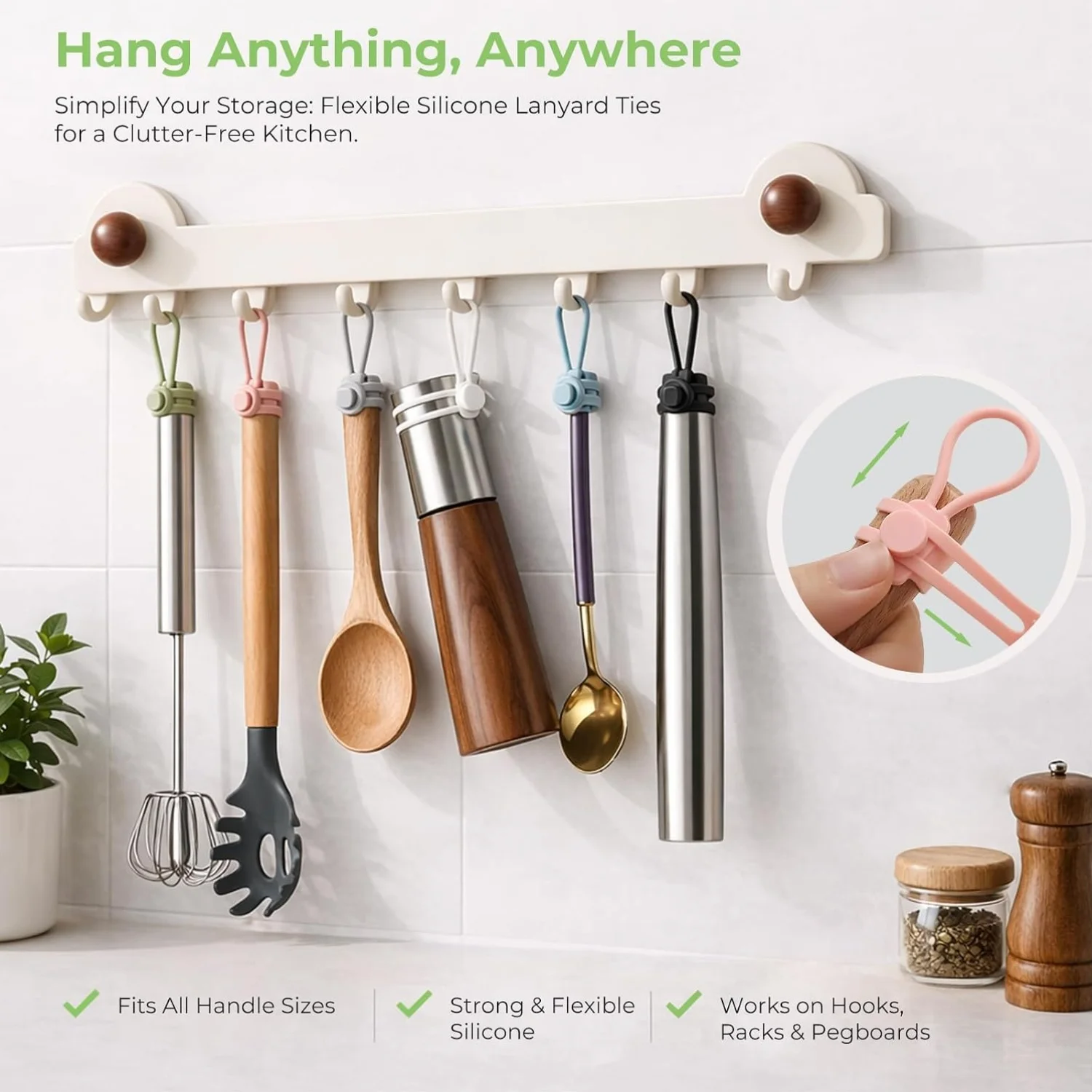 6pcs Silicone zip ties, reusable straps, hanging loops, adjustable cable organizer, home and office wire organizer
