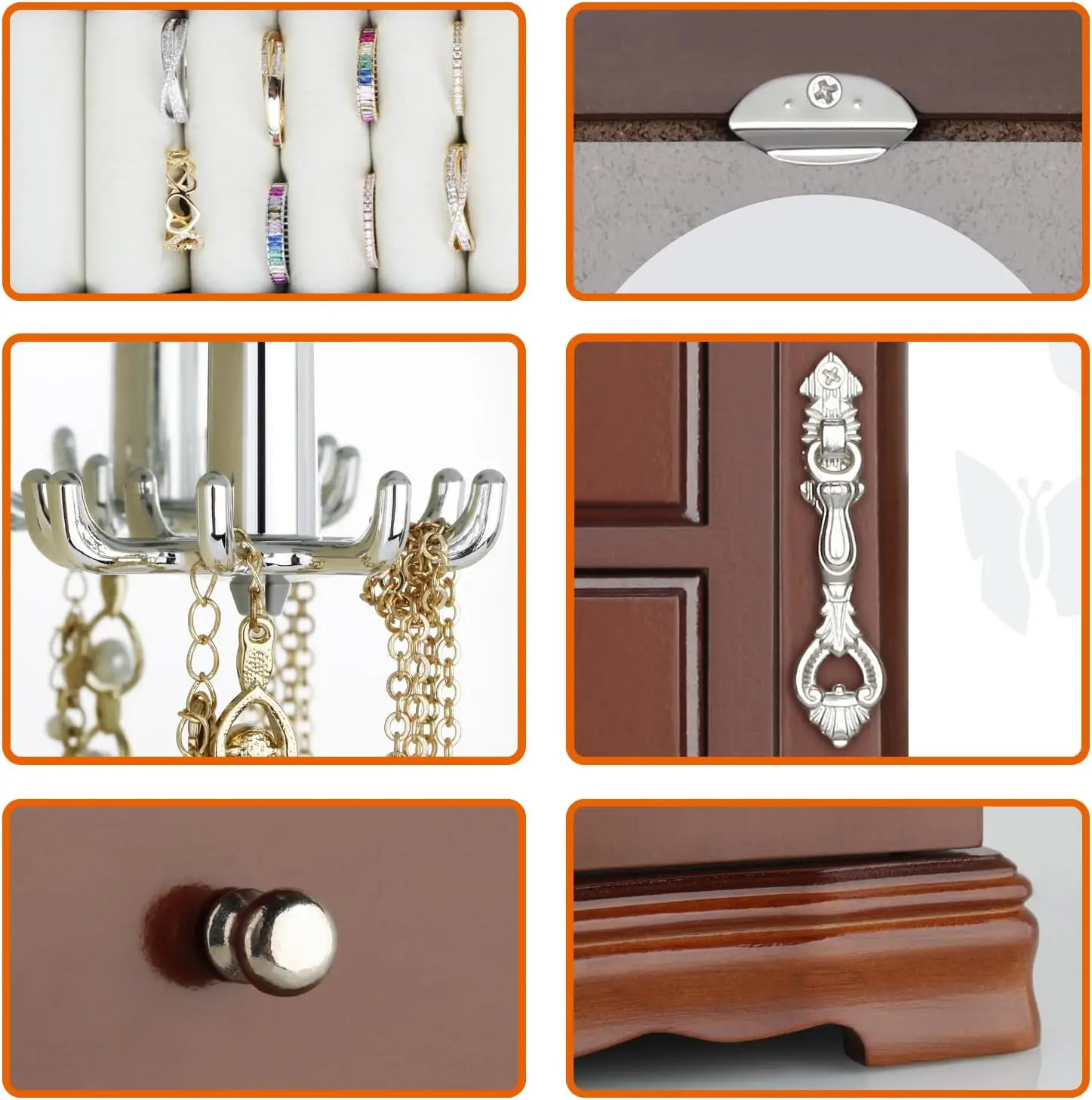 Joyero de madera maciza con 4 cajones, carrusel de collar incorporado, espejo grande - Organizador marrón