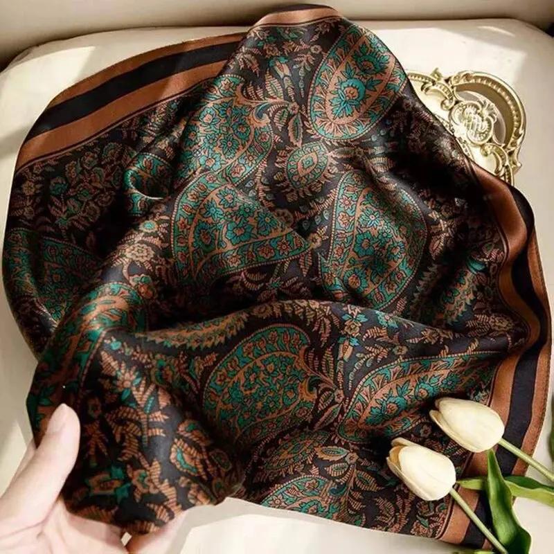 Paisley Print Square Scarf Vintage Imitation Silk Shawl Scarf Elegant Cashew Pattern Women Windproof Outdoor Head Wrap 110*110cm