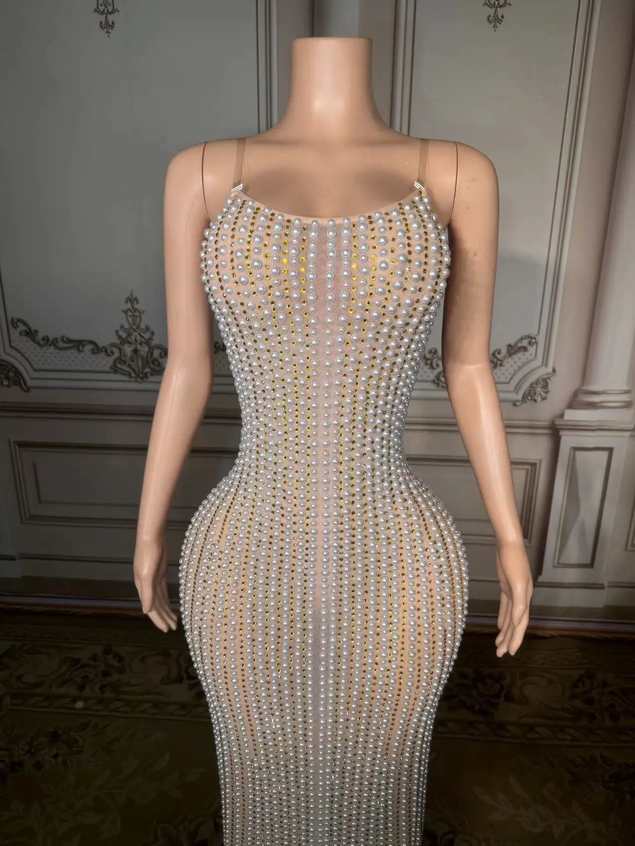 Sexy malha vestido longo com strass e pérolas suspensor para cantora feminina, stretch stage traje, boate e celebração de aniversário