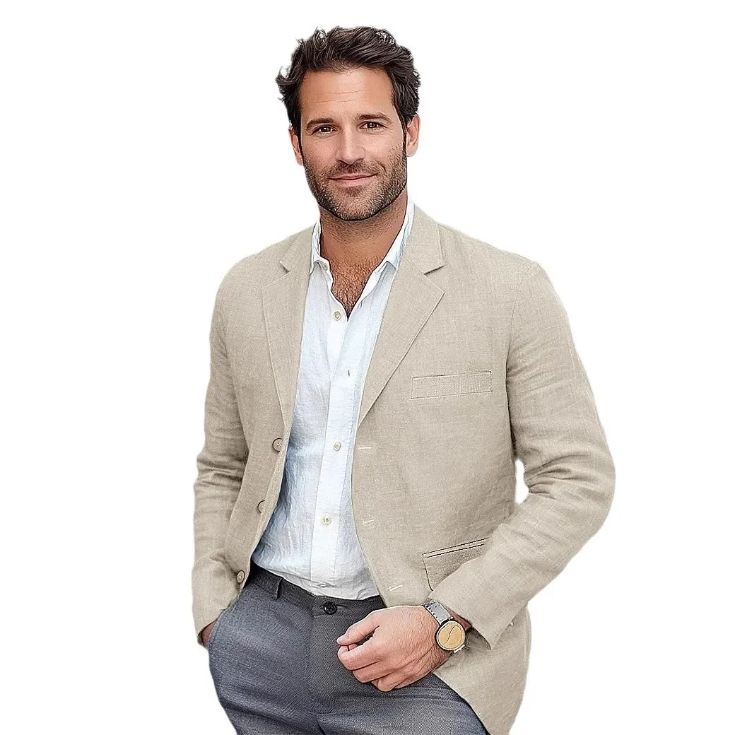 

Мужской однотонный хлопковый льняной деловой повседневный пиджак европейского размера, молодежная модная верхняя одежда для отдыха, одежда