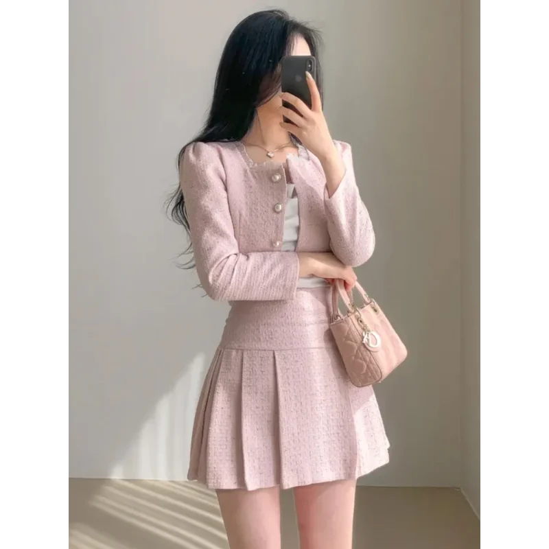 Fashionable Korean Elegant Fragrant Short Jacket Short Coat+High Waist Mini Skirt Set Slim Fit Women\'s Two Piece Set